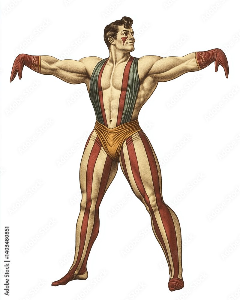 Victorian-style Circus themes illustration full body of Freak Strongman show gymnastic, on a white background, very detailed with vintage colors. Victorian-style Circus themes illustration full body of Freak Strongman show gymnastic, on a white background, very detailed with vintage colors.
