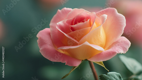 A close up shot of a peach and pink rose in full bloom with a blurred green background behind it