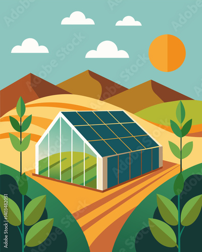 Set a rolling hills and fields a solarpowered greenhouse harnesses the energy of the sun to provide a sustainable source of heat and light for its thriving crops.. Vector illustration