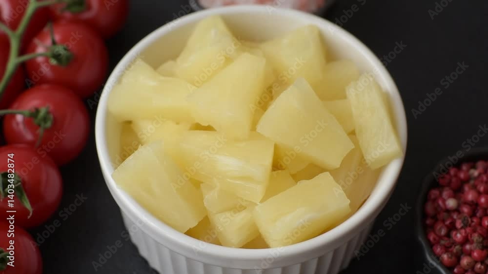 Tropical sweet tinned pineapple fruit sliced into slices. Pineapple as an ingredient for pizza or salad Tropical sweet tinned pineapple fruit sliced into slices. Pineapple as an ingredient for pizza or salad
