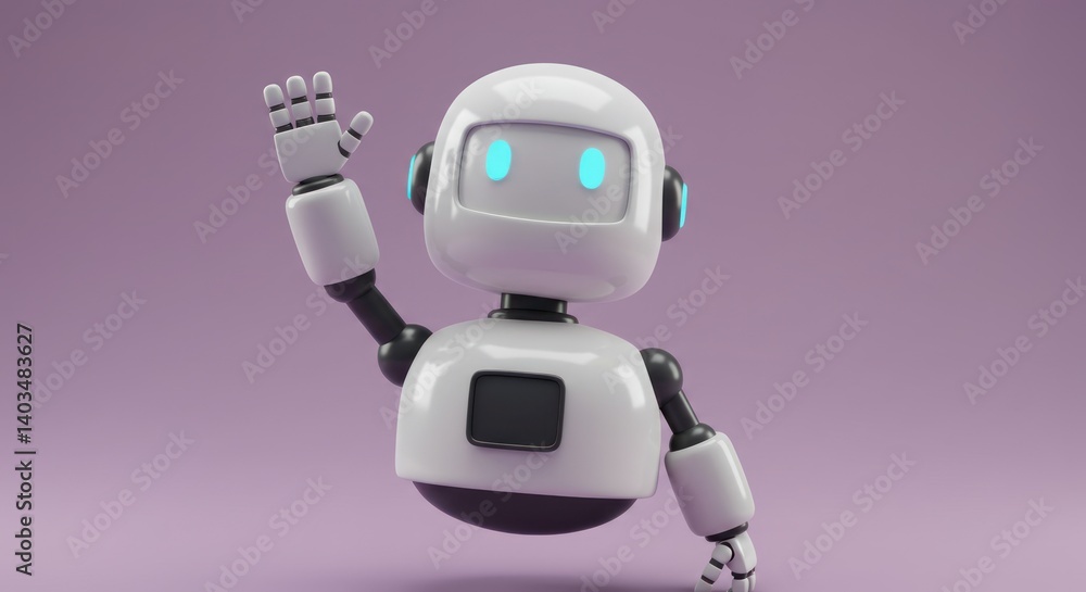 Cute white robot waving its hand against a purple background. Cute white robot waving its hand against a purple background.