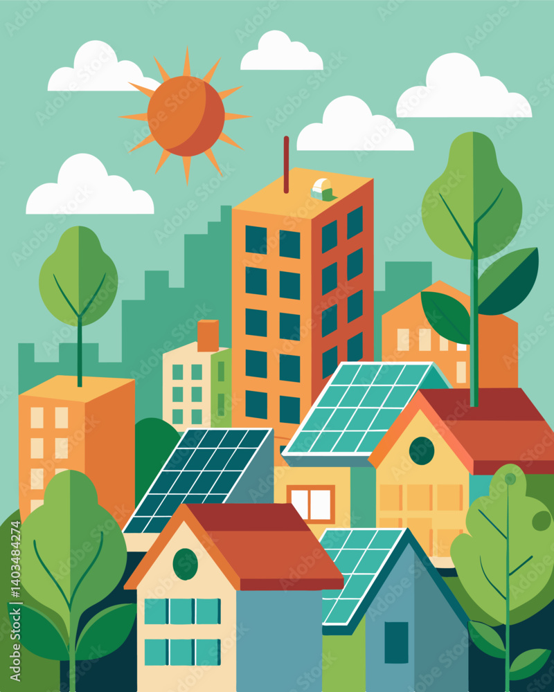 In a densely populated city community solar gardens on the rooftops of apartment buildings provide a sense of unity and a greener environment for residents.. Vector illustration