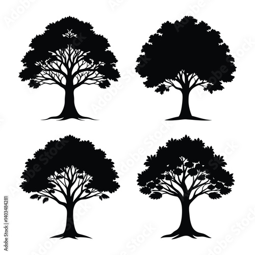 Set of Tree Silhouettes - Black and White Vector Illustrations