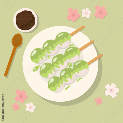 Traditional Japanese dessert Dango with matcha or green tea flavor topping. Hanami Dango dessert on a plate. Design element for banner, poster, restaurant menu. Vector illustration