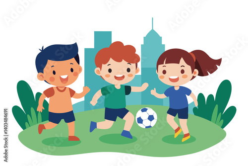 Cartoon Kids Playing Soccer in Park with Skyline, Cheerful Children