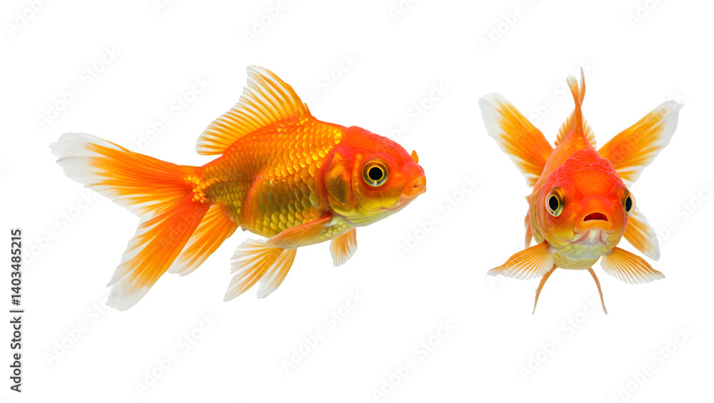 Fototapeta premium Two colorful goldfish with orange and white tails swimming.