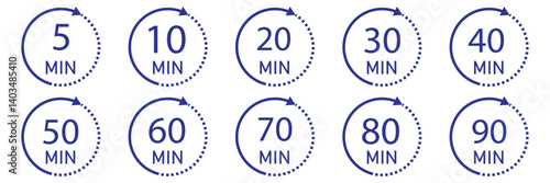 Set of timer Timer, clock, stopwatch isolated set icons. Kitchen timer icon with different minutes. 5, 10, 15, 20, 25, 30, 40, 50, 60, 90, min. Cooking time symbols. Great design for any purposes.  
