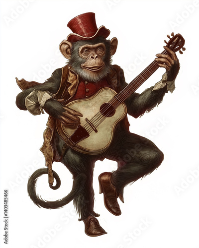 Victorian-style Circus themes illustration full body of the monkey musician show, on a white background, very detailed with vintage colors.