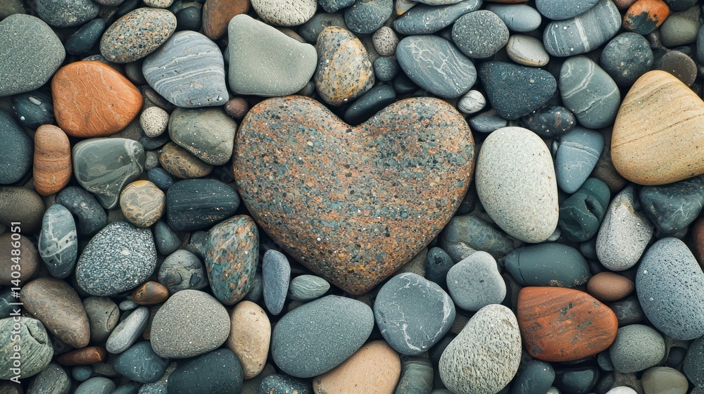 A heart-shaped collection of beach pebbles arranged on a sandy shore. A heart-shaped collection of beach pebbles arranged on a sandy shore.