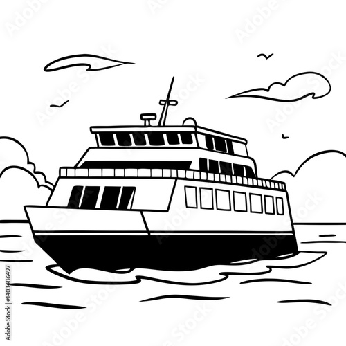 Black and White Ferry Boat Sailing on Water with Clouds  