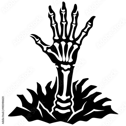 A vector silhouette illustration of a skeletal hand emerging from the ground. The bony hand should be reaching upward with fingers slightly spread, as if clawing its way out