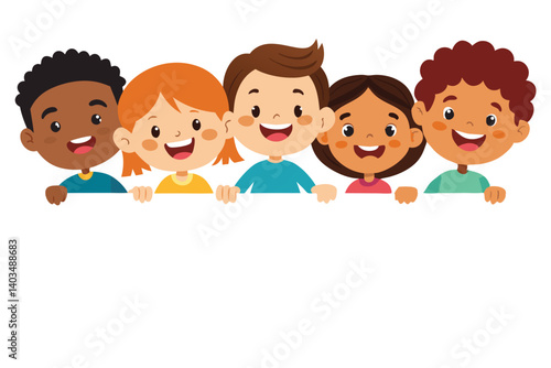 Cheerful Diverse Kids Cartoon Smiling Behind White Space