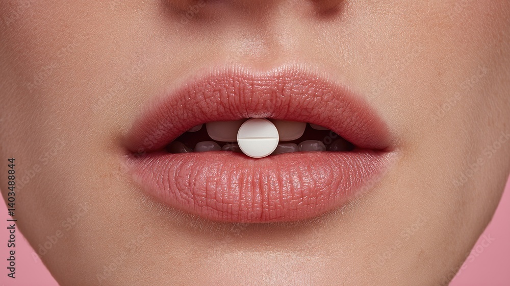 Obraz premium Close-up of woman lips with a capsule pill or tablet on the upper lip or inside mouth