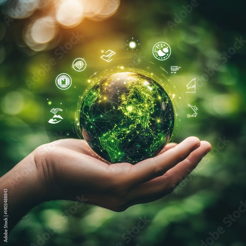 Sustainable global initiative.  Hand holds a glowing, green Earth, surrounded by eco-friendly icons