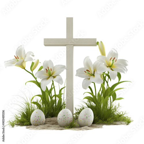 Colorful easter eggs and a cross displayed together signifying renewal and celebration of the easter holiday isolated on a white background.