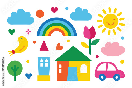 Cheerful Flat Design with Sun, Rainbow, House, Bird, Car, and Colorful Elements