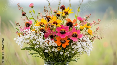 Fototapeta Naklejka Na Ścianę i Meble -  Picturesque native flower arrangement featuring Coreopsis coneflowers and Queen Annes lace set against a blurred meadow background