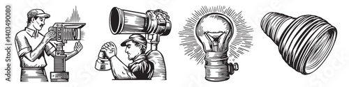 Vintage Illustrations of Film Production Equipment and Techniques, logo design, engraving design, vector illustration