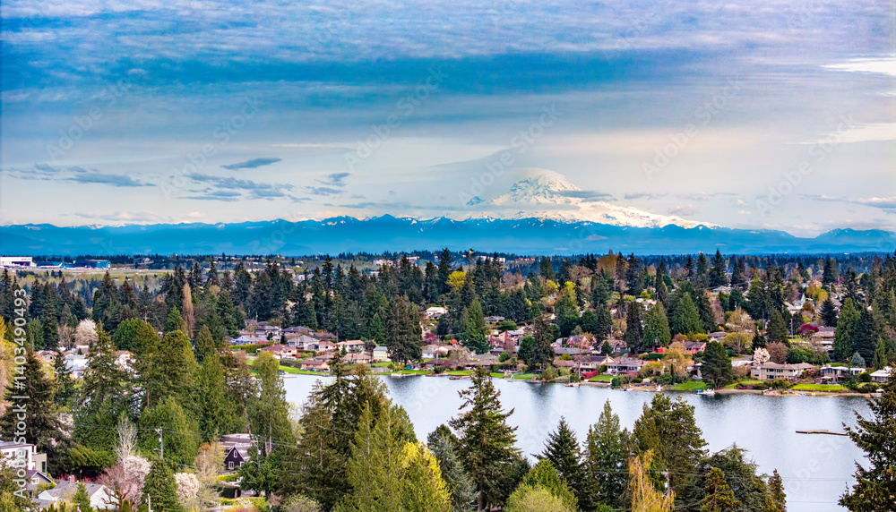 Naklejka premium Burien And Rainier Aerial