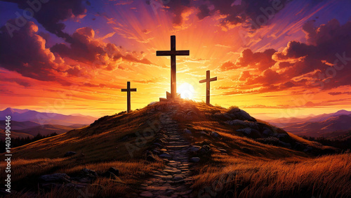 Three Crosses on Calvary Hill at Sunset – Good Friday Christian Background