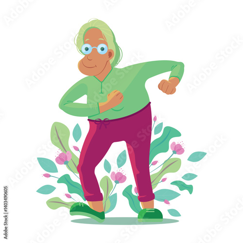 Happy grandma dances around flowers, movement is life, self-care activity for the elderly. Vector illustration in cartoon style character