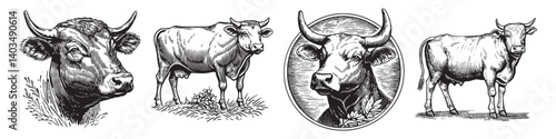 Vintage Illustrations of Cattle Featuring Different Breeds and Views, logo design, engraving design, vector illustration