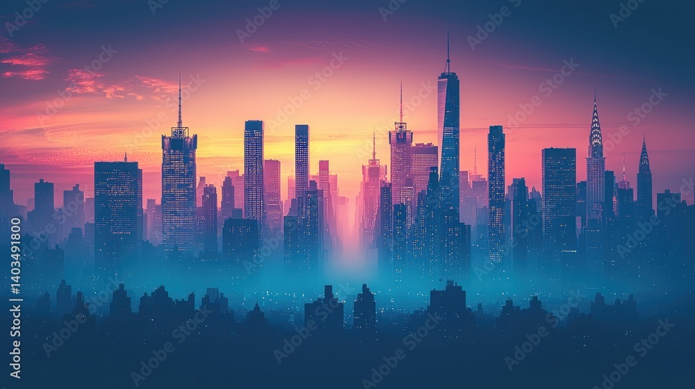 Obraz premium Manhattan Skyline at Sunset: A Cityscape of Dreams