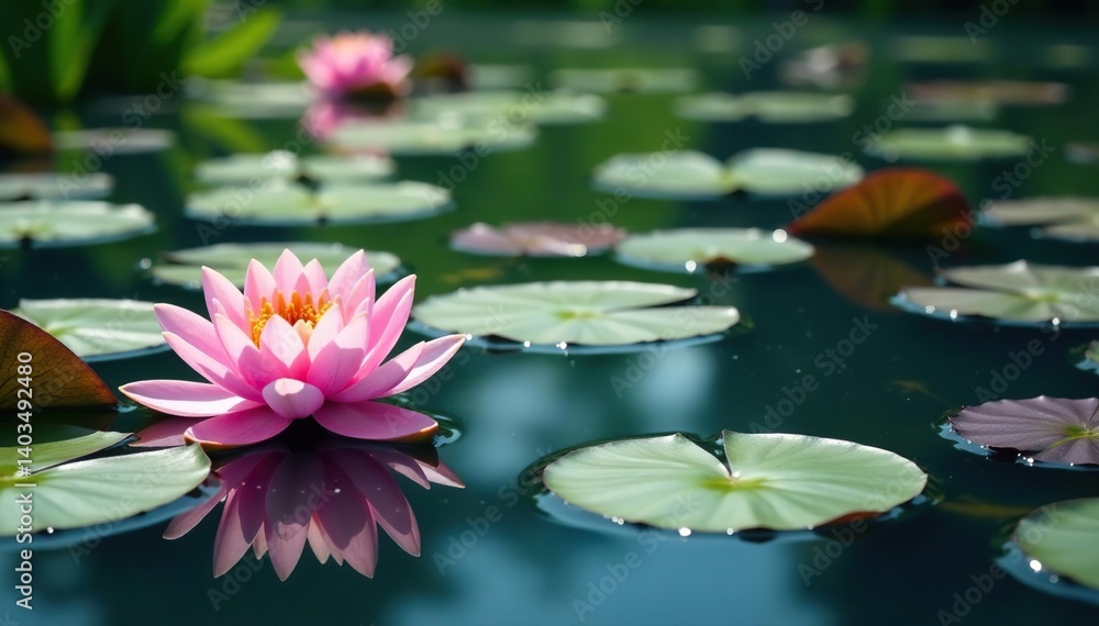 Water lilies and other blossoms create a floral pattern across a lake's surface, landscape, leaf, colorful Water lilies and other blossoms create a floral pattern across a lake's surface, landscape, leaf, colorful