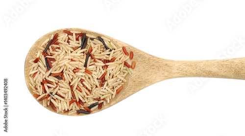 Wild mix rice, red, brown and basmati in wooden spoon isolated on white, top view