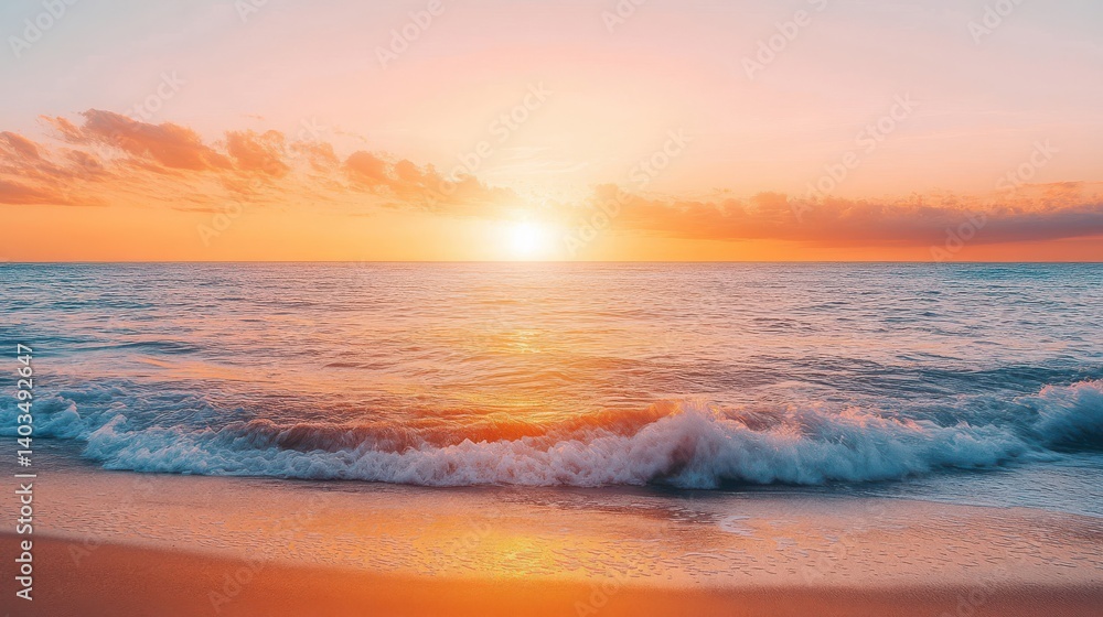 Fototapeta premium Sunset over calm ocean waves at a tranquil beach scene