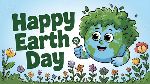 Happy Earth Day A cheerful Earth character celebrates with flowers promoting recycling