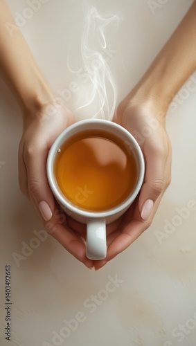 A cup of tea held in hands steaming hot beverage drink warm cozy relaxation wellness lifestyle concept