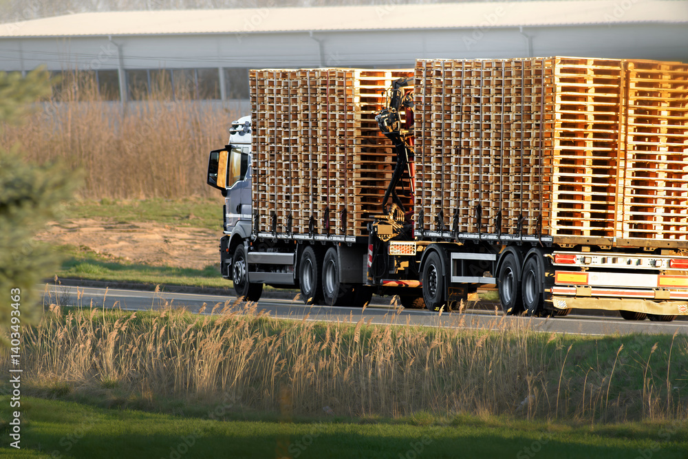 Logistics truck with stacked wooden pallets