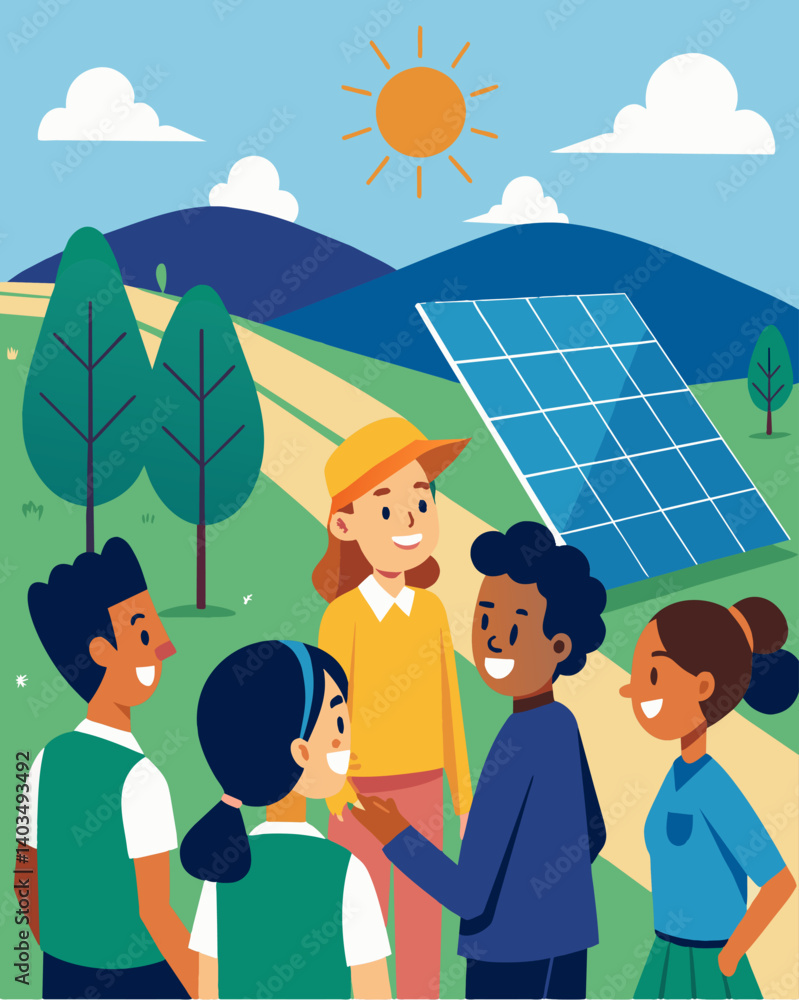As part of a field trip students visit a nearby solar farm to see firsthand how solar energy is harnessed and used on a larger scale.. Vector illustration
