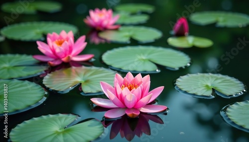 Vibrant water lilies create floral pattern across still lake, stock photo, floral, sunlight