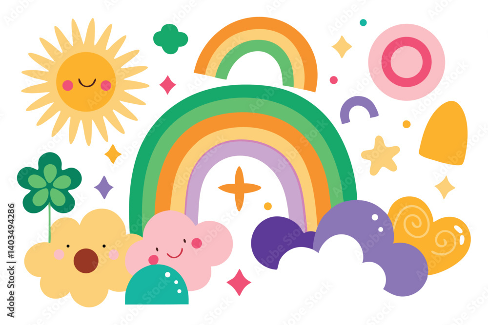 Cute Cartoon Rainbow with Clouds and Smiling Sun, Colorful Design on White Cute Cartoon Rainbow with Clouds and Smiling Sun, Colorful Design on White