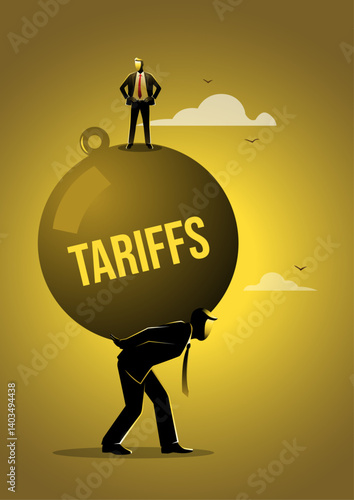 Heavy metal iron ball labeled "TARIFFS" being carried by a struggling businessman