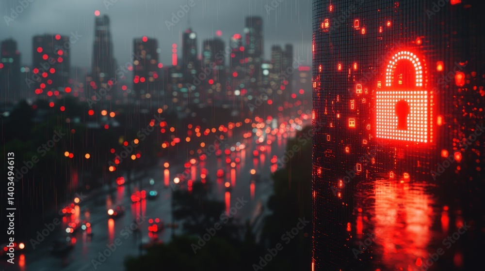 Obraz premium Cybersecurity in the Rain: A City's Digital Fortress