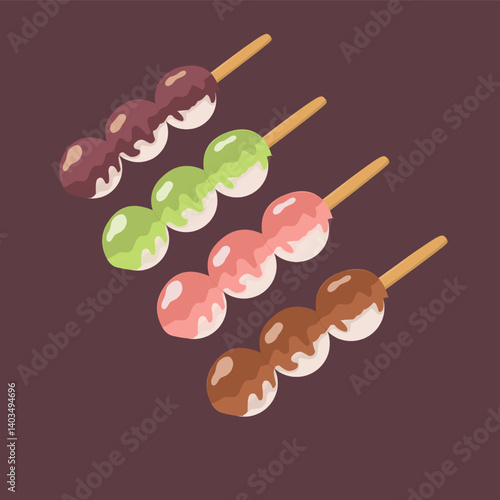 Traditional Japanese dessert Dango isolated. Hanami Dango dessert on a plate. Design element for banner, poster, restaurant menu. Vector illustration set
