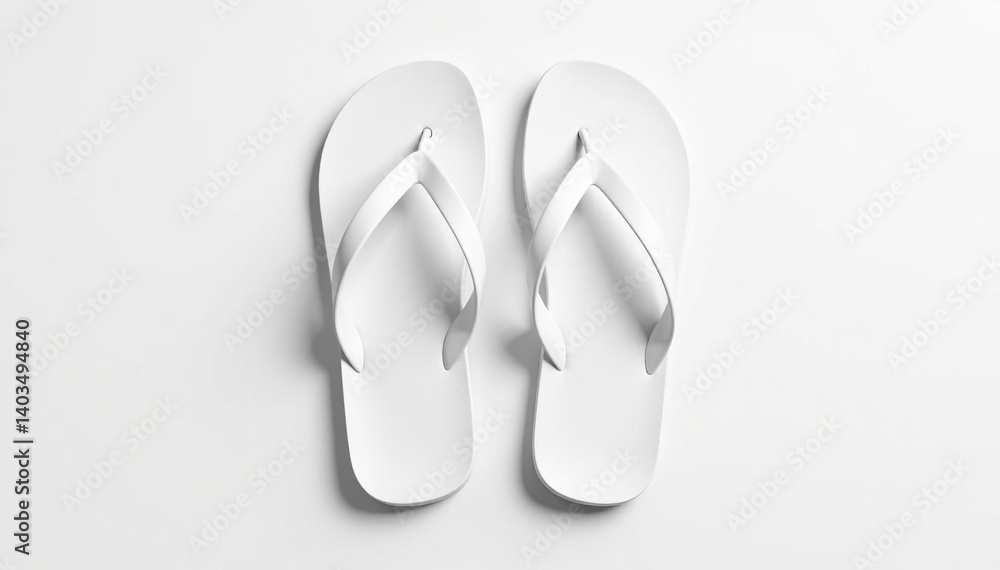 Pair of white flip-flops, isolated on a plain white background, rubber, footwear accessories Pair of white flip-flops, isolated on a plain white background, rubber, footwear accessories