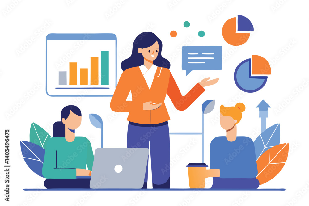 Obraz premium Diverse team with data charts, business analysis, flat design,