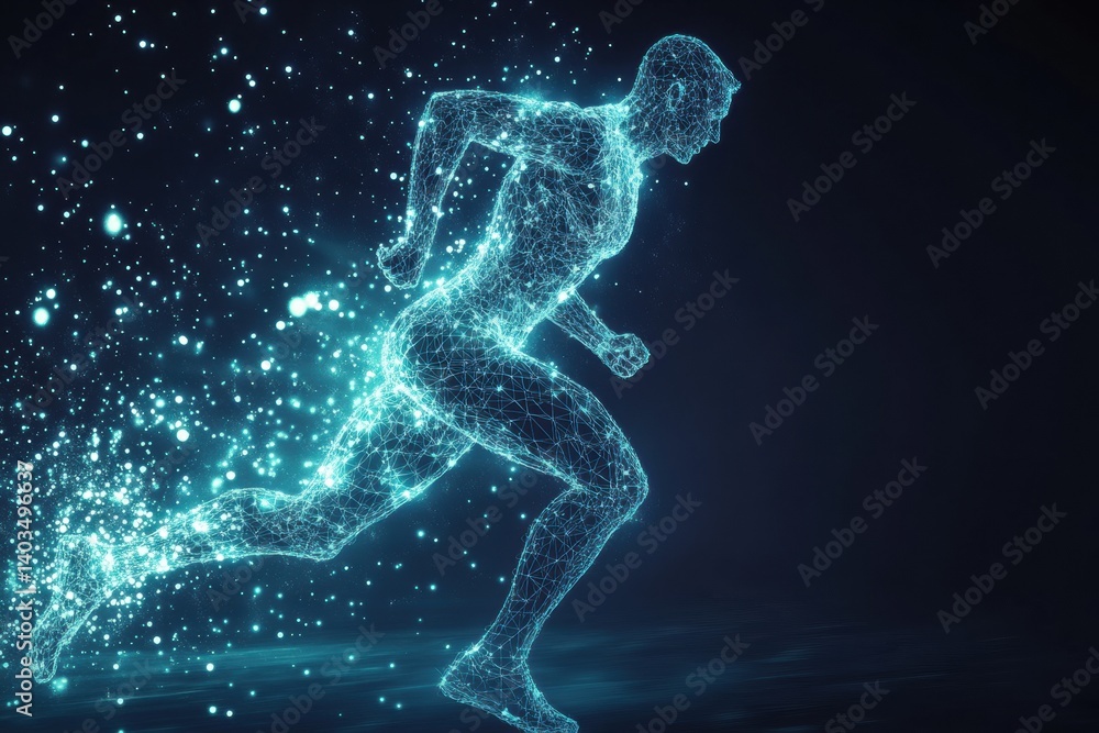 Fototapeta premium Runner in motion captured as a glowing digital silhouette displaying muscle structure, showcasing speed and energy at night time