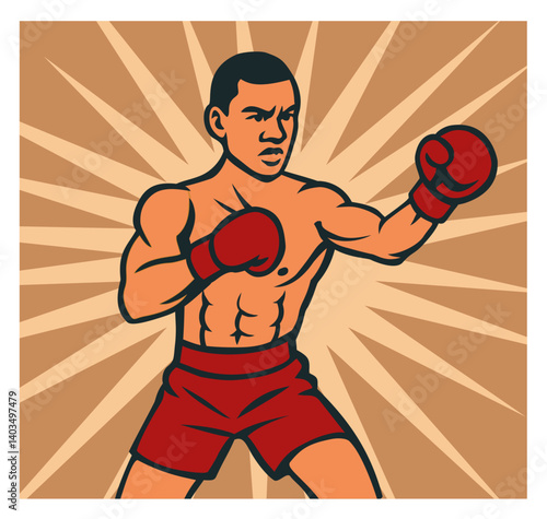 Vector illustration of a strong male boxer in fighting stance with red gloves and shorts on a dynamic burst background. Perfect for sports, fitness, and martial arts design.