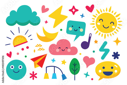 Flat Icon Set with Smiling Sun Cloud Paper Plane Star and other Cute Elements