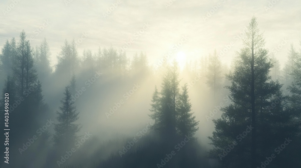 Dense misty forest illuminated by the bright warm sunlight Dense misty forest illuminated by the bright warm sunlight