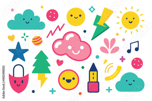Fun Colorful Icon Set with Smiling Clouds, Sun, Star and Geometric Shapes