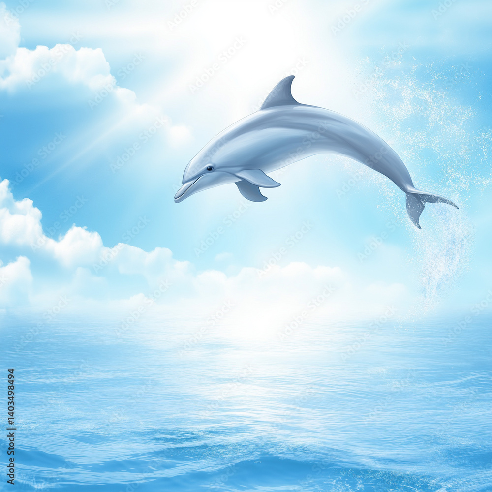 Fototapeta premium A dolphin gracefully leaps out of the sparkling blue ocean under a bright sky with fluffy clouds. The sunlight creates a shimmering effect on the water surface, enhancing the serene atmosphere.