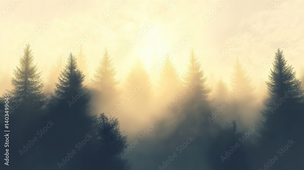 Dense forest of trees shrouded in a golden morning fog Dense forest of trees shrouded in a golden morning fog