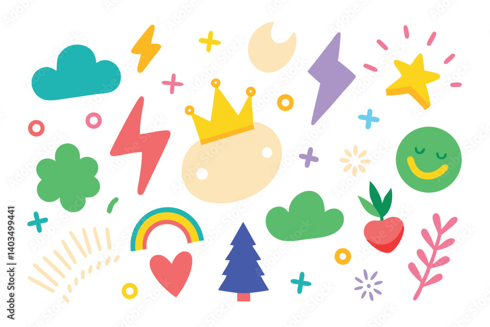 Naklejka premium Playful Cartoon Doodle Set with Crown, Rainbow, Star, and Various Shape Elements