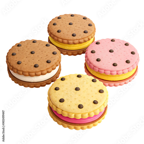 A vibrant illustration of four sandwich cookies arranged in a neat grid pattern,